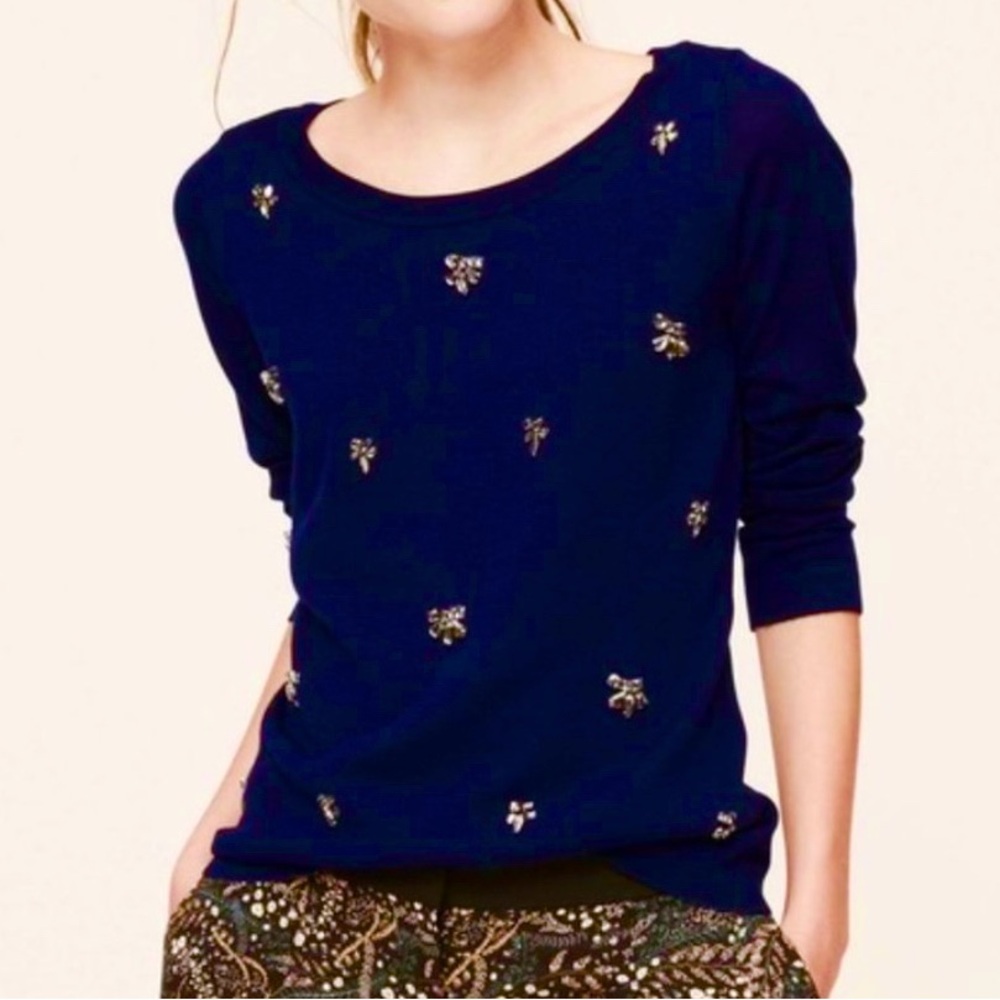 LOFT Navy Rhinestone Embellished Crew Neck Relaxed Sweater Size M